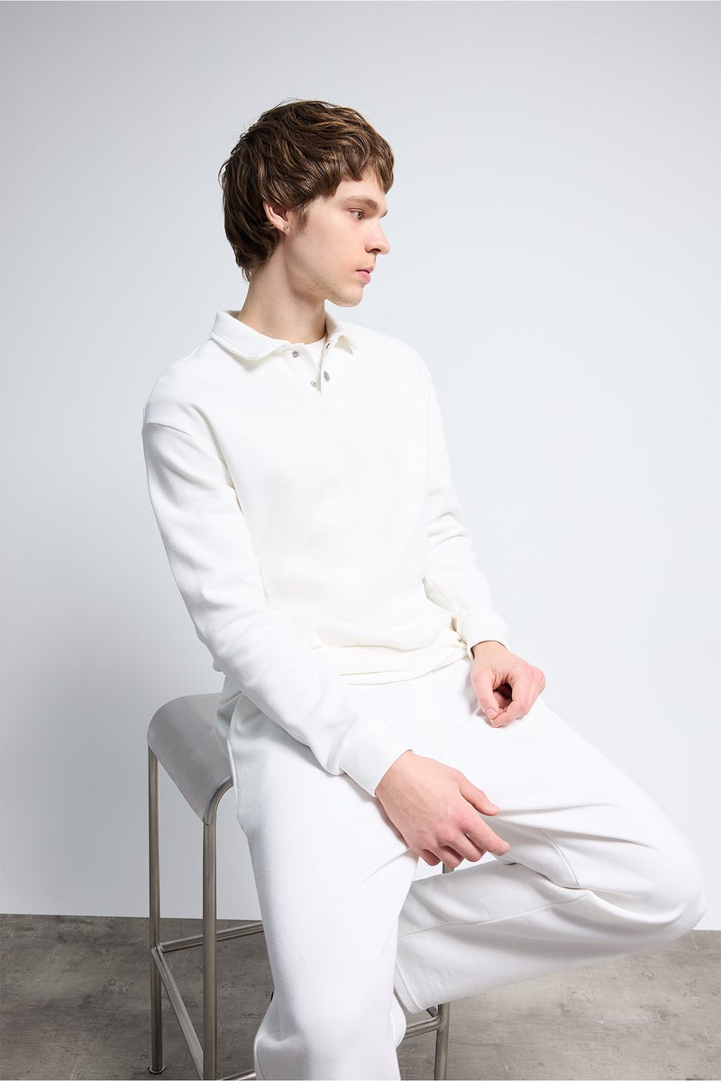 DeFacto White Man Polo Neck Sweatshirt Casual - Image 4